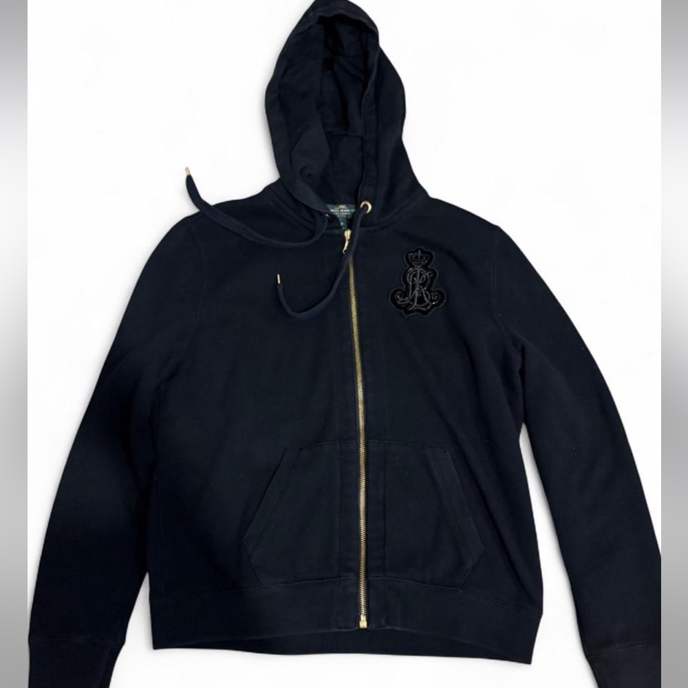 Black Ralph Lauren zip up hoodie with embroidered logo patch
